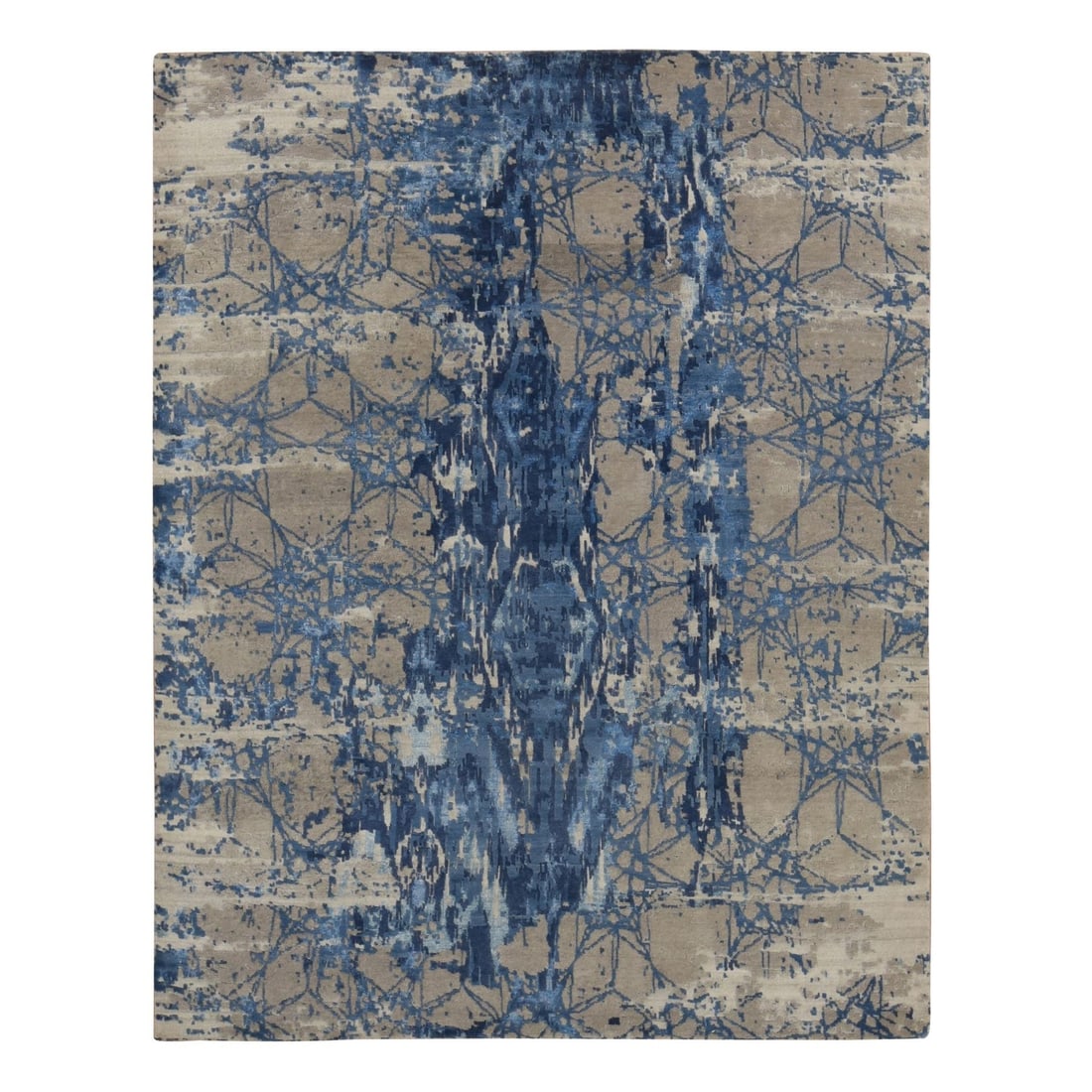 8'1"x10' Blue Wool and Silk Abstract Design Hand Knotted Rug: 8'1"x10' Blue Wool and Silk Abstract Design Hand Knotted Rug This stunning 8'1"x10' hand-knotted rug boasts a vibrant blue and ivory abstract design, crafted from a rich blend of wool and silk. The ru