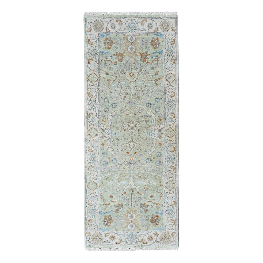 Pure Wool Hand Knotted Oushak Rug 2'8"x6' Green Floral: Pure Wool Hand Knotted Oushak Rug 2'8"x6' Green Floral Hand-knotted with precision, this 2'8"x6' green floral Oushak rug boasts a lush, all-over design that brings a touch of Oriental elegance to any 
