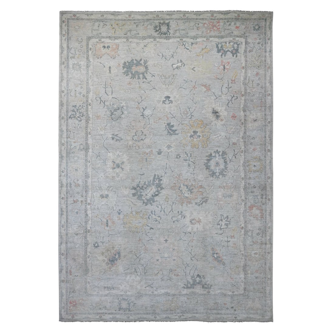 Gray Hand Knotted Wool Oushak Leaf Design Angora Oriental 11'8"x17'2: Gray Hand Knotted Wool Oushak Leaf Design Angora Oriental 11'8"x17'2 Gray Hand Knotted Wool Oushak Leaf Design Angora Oriental 11'8"x17'2" is a stunning, hand-knotted wool rug from Afghanistan, featur