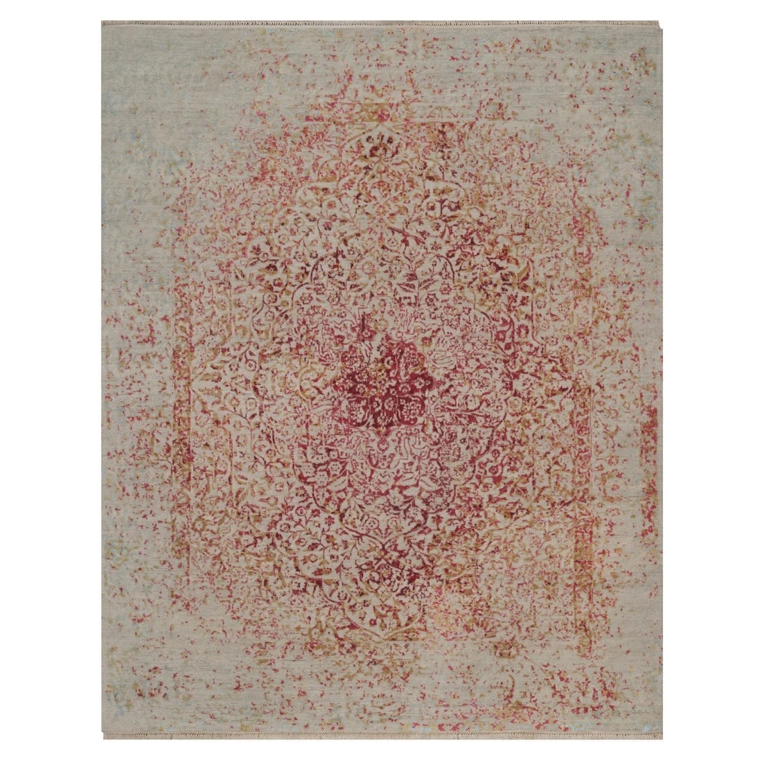 8'x9'10" Ivory with Pink Hand Knotted Erased Medallion Design Wool and Silk: 8'x9'10" Ivory with Pink Hand Knotted Erased Medallion Design Wool and Silk The 8'x9'10" Ivory with Pink Hand Knotted Erased Medallion Design Wool and Silk rug boasts a striking medallion pattern in a