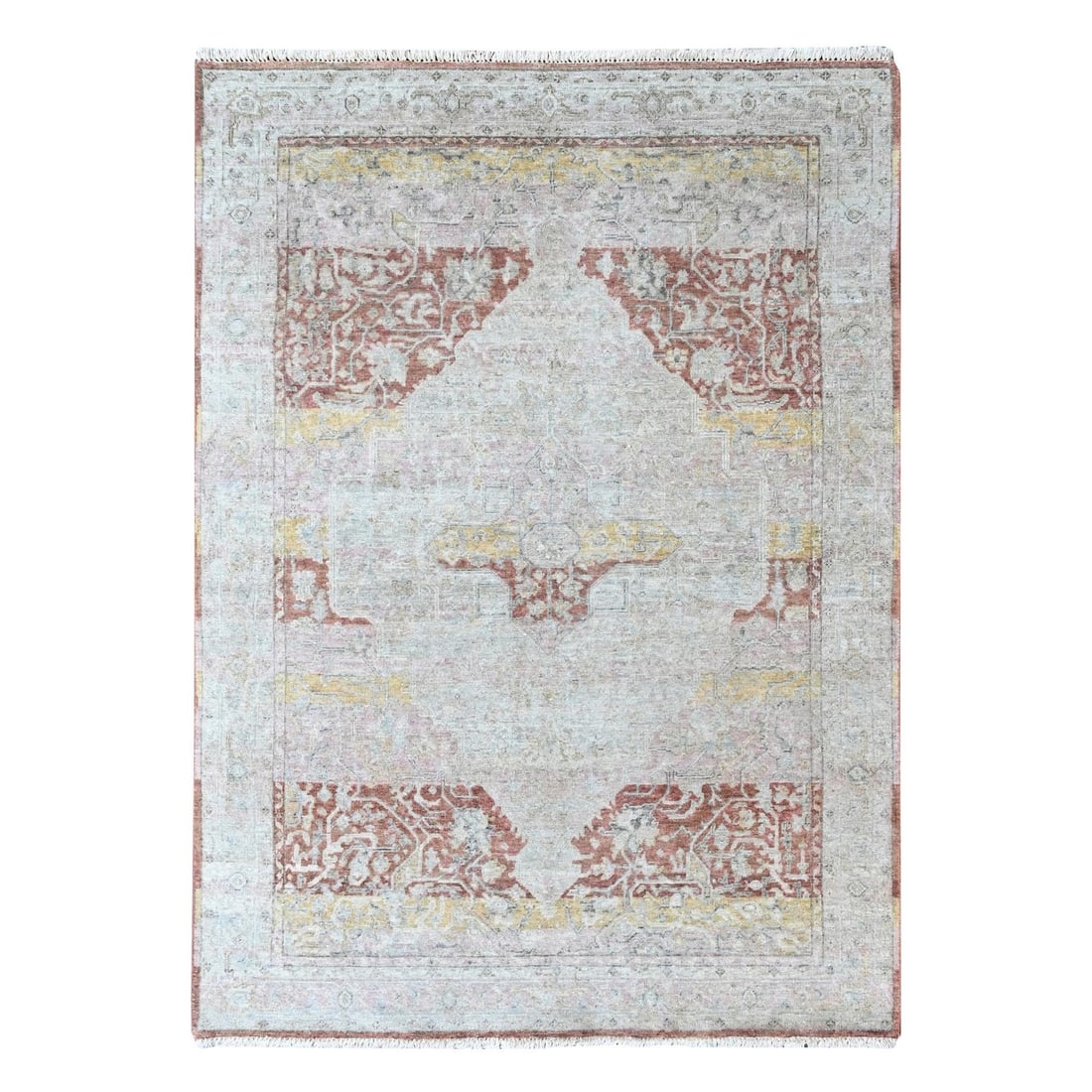 Hand Knotted Wool Rug 5'x7'1" Ivory Ziegler Mahal with Oushak Design Zero: Hand Knotted Wool Rug 5'x7'1" Ivory Ziegler Mahal with Oushak Design Zero Hand-knotted with precision, this 5'x7'1" Oushak-style wool rug boasts a stunning ivory background adorned with an intricate a