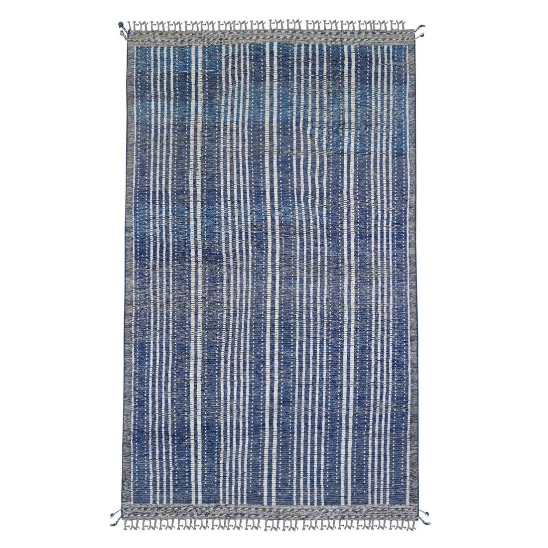 Blue Moroccan Weave Rug 6'x10'4" Soft Wool Hand Knotted: Blue Moroccan Weave Rug 6'x10'4" Soft Wool Hand Knotted Soft and serene, this 6'x10'4" Blue Moroccan Weave Rug boasts a stunning hand-knotted wool design with a rich blue field and geometric pattern. 