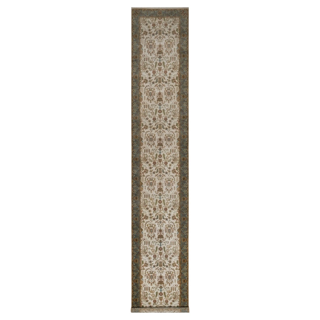Ivory Tebraz Revival Hand Knotted Pure Wool Runner Rug 3'1"x17'5: Ivory Tebraz Revival Hand Knotted Pure Wool Runner Rug 3'1"x17'5 Hand-knotted with pure wool, this stunning 17'5" x 3'1" Tebraz-style runner rug boasts an all-over regional design in ivory and subtle 