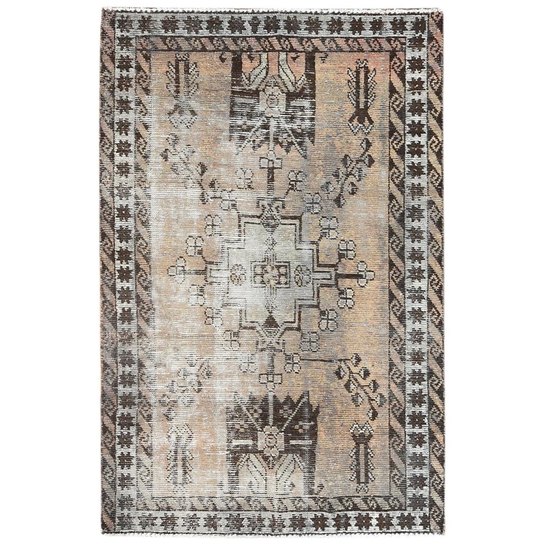 3'10"x6' Beige Worn Wool Hand Knotted Vintage Farsian Sheeraz Rug: 3'10"x6' Beige Worn Wool Hand Knotted Vintage Farsian Sheeraz Rug Worn to perfection, this 3'10"x6' Beige Farsian Sheeraz rug boasts a beautiful, soft beige color and a classic rectangular field shape