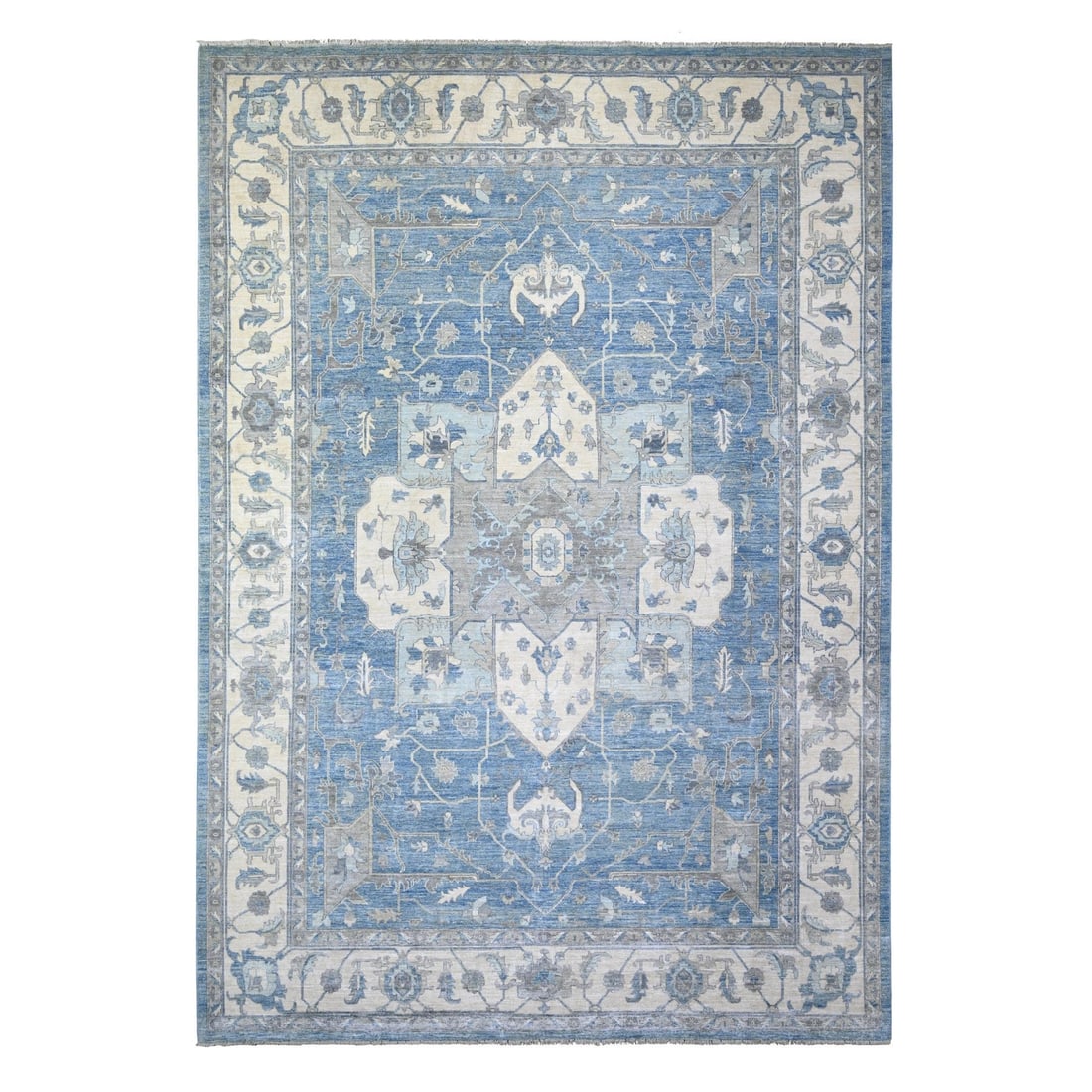 Cerulean Blue Organic Wool Finer Hand Knotted Peshawar Rug 9'10"x14: Cerulean Blue Organic Wool Finer Hand Knotted Peshawar Rug 9'10"x14 Cerulean Blue Organic Wool Finer Hand Knotted Peshawar Rug 9'10"x14 is a stunning example of Afghan craftsmanship, boasting a rich, 