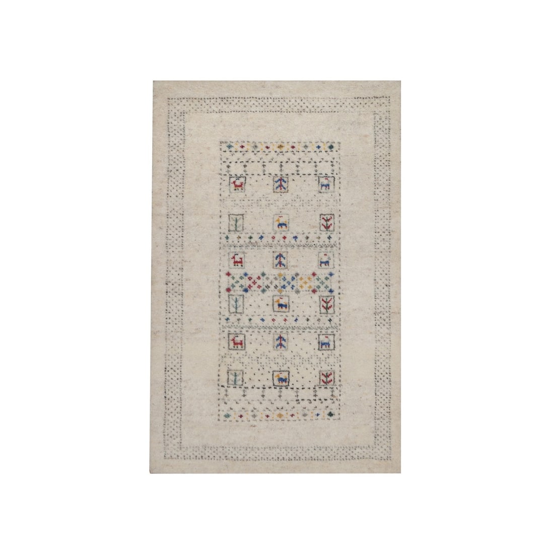 2'x3' Ivory Modern with Animal Figurines Soft Wool Hand Knotted Mat Rug: 2'x3' Ivory Modern with Animal Figurines Soft Wool Hand Knotted Mat Rug Soft underfoot, this 2'x3' Ivory Modern with Animal Figurines Soft Wool Hand Knotted Mat Rug adds warmth and texture to any room