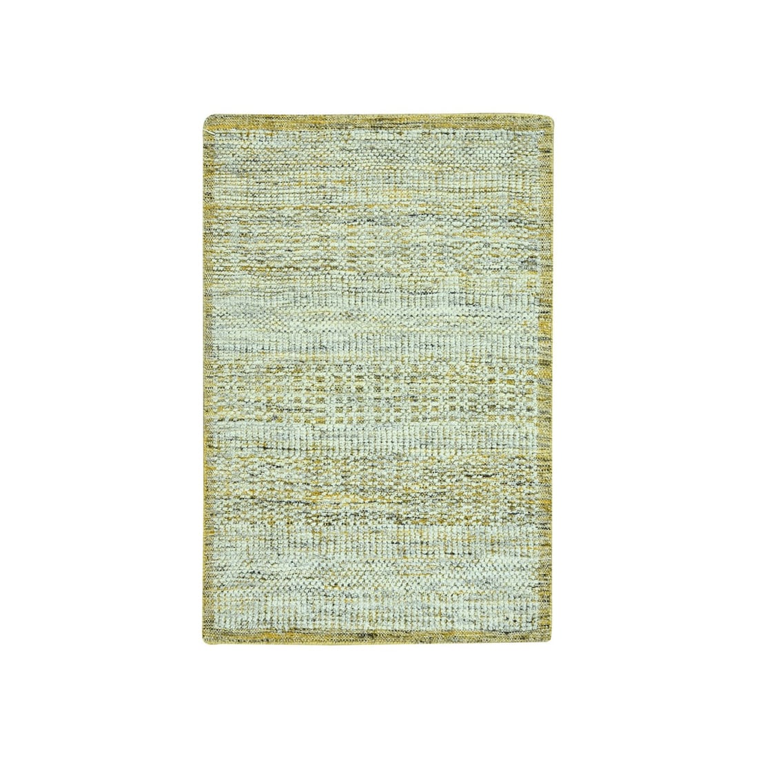 Hand Knotted Rug 2'x3' Yellow Wool Oxidized and Distressed Grass Design: Hand Knotted Rug 2'x3' Yellow Wool Oxidized and Distressed Grass Design Yellow Wool Oxidized and Distressed Grass Design Hand Knotted Rug. This 2'x3' hand-knotted wool rug boasts a unique, modern desi