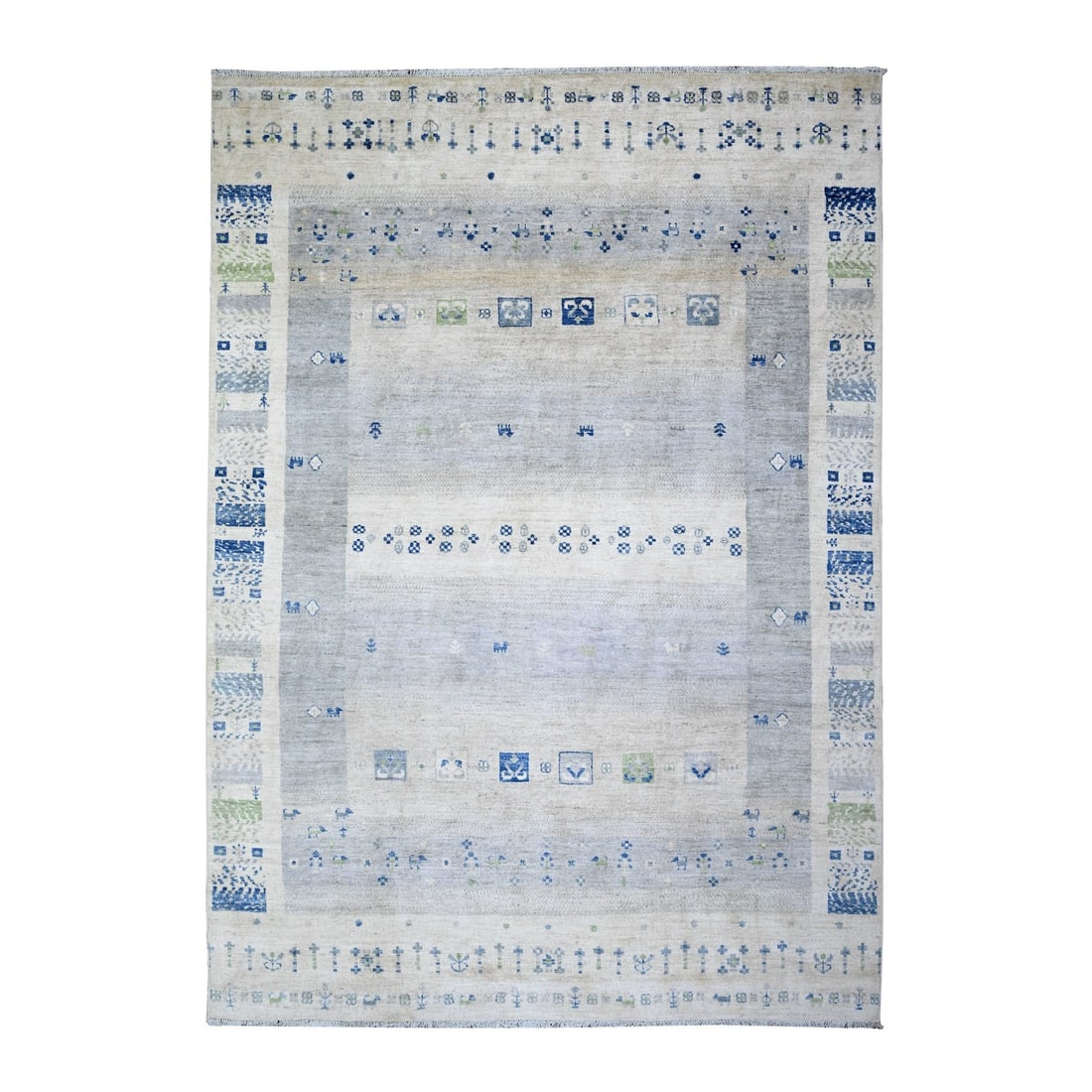 Hand knotted oriental rug gray pure wool kashkuli gabbeh 6'x8'8: Hand knotted oriental rug gray pure wool kashkuli gabbeh 6'x8'8 Hand-knotted in pure wool, this stunning 6'x8'8' gray Kashkuli Gabbeh rug boasts a rich, rectangular field with a subtle, oriental desig