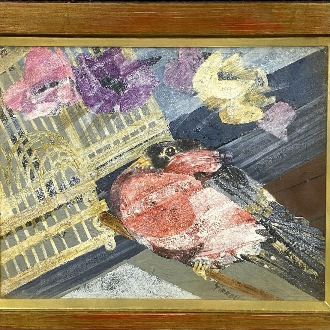 Freddy Tiffou Bird Cage Floral Oil Painting Signed Framed French Art (1 of 6)