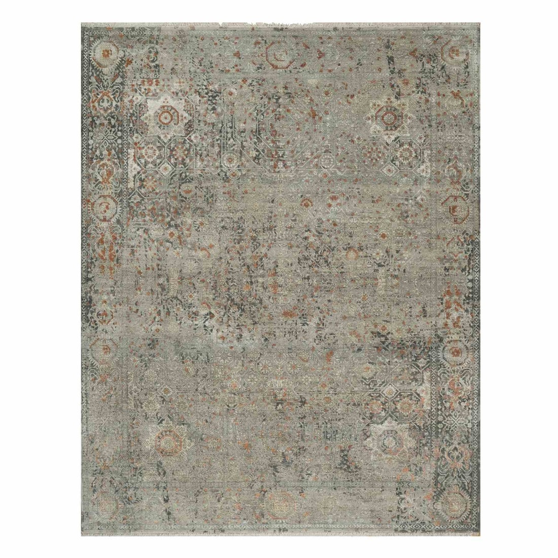 7'9"x10' Gray Broken and Erased Mamluk Design Hand Knotted 100% Wool Rug: 7'9"x10' Gray Broken and Erased Mamluk Design Hand Knotted 100% Wool Rug The Mamluk design hand-knotted wool rug boasts a striking all-over pattern in a rich gray hue, set against a rectangular field 