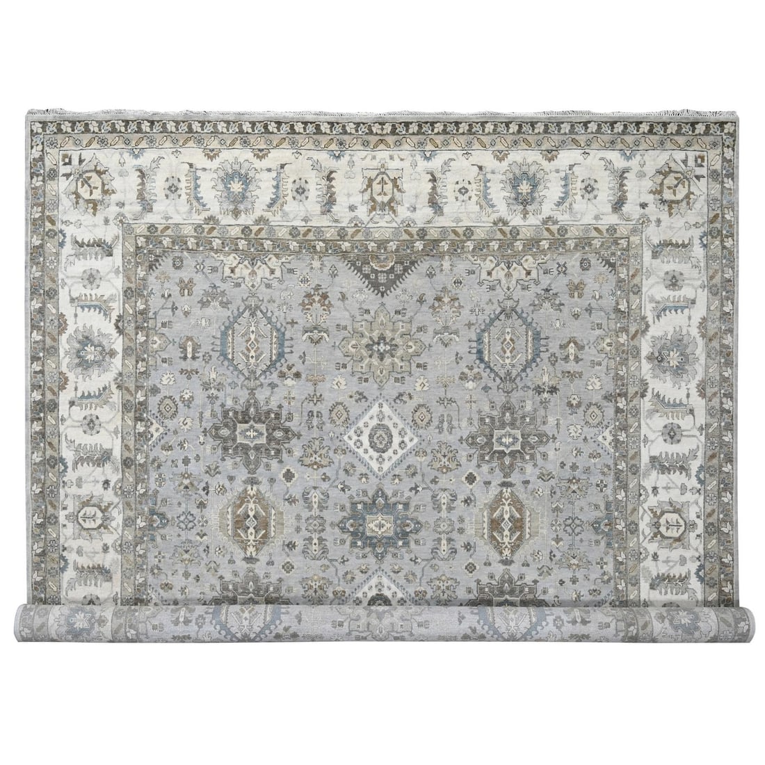 11'x11' Agreeable Gray Karjihooz 100% Wool Hand Knotted Squarish Rug: 11'x11' Agreeable Gray Karjihooz 100% Wool Hand Knotted Squarish Rug The Agreeable Gray Karjihooz 100% Wool Hand Knotted Squarish Rug is a stunning piece of Oriental-inspired design, boasting a rich g