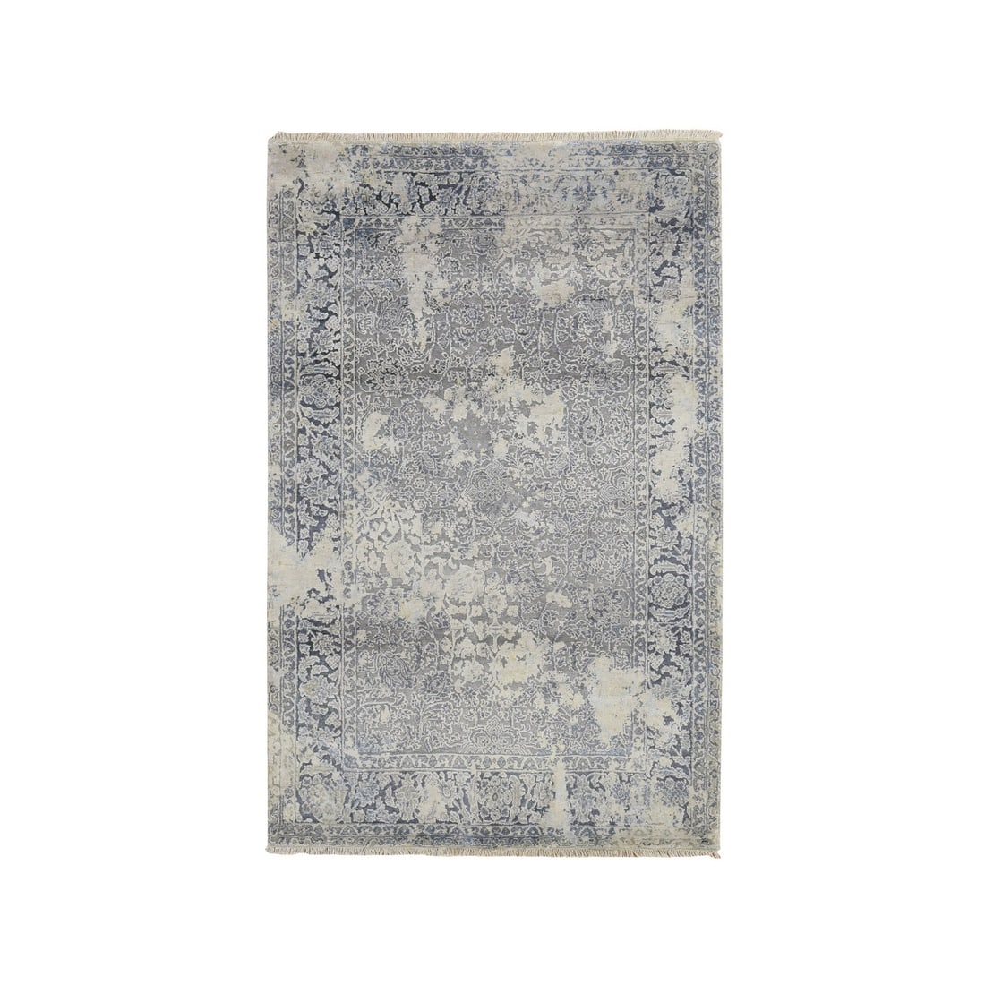 Pure Silk Erased Zoroastrian Design Oriental Rug Blue Spruce Wool (1 of 7)
