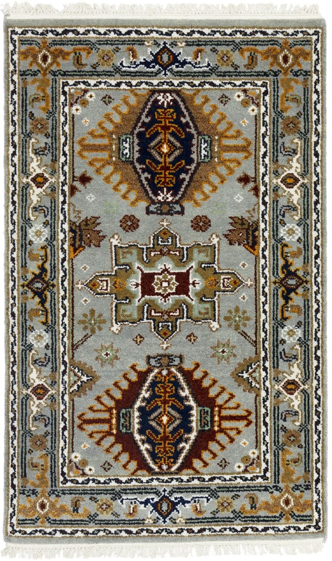 3X5 Geometric Gray Tribal Indo-Karajeh Oriental Rug Farmhouse Entryway Carpet Hand-Knotted: 3X5 Geometric Gray Tribal Indo-Karajeh Oriental Rug Farmhouse Entryway Carpet Hand-Knotted Gray Cream Khaki Marigold Maroon Red Pastel Green Geometric Tribal Indo-Karajeh Oriental Rug, hand-knotted wi