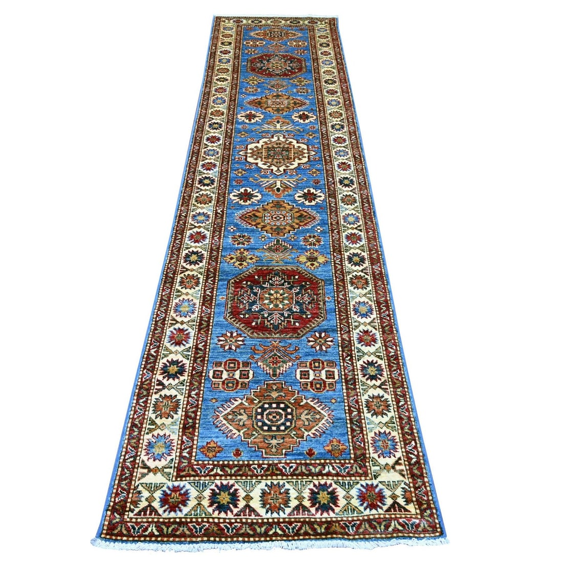 2'8"x11' Blue Super Kazak Medallions Design Hand Knotted Wool Runner Rug: 2'8"x11' Blue Super Kazak Medallions Design Hand Knotted Wool Runner Rug Hand-knotted in vibrant blue wool, this stunning 2'8"x11' Medallion design Kazak runner rug boasts a rich, intricate pattern th