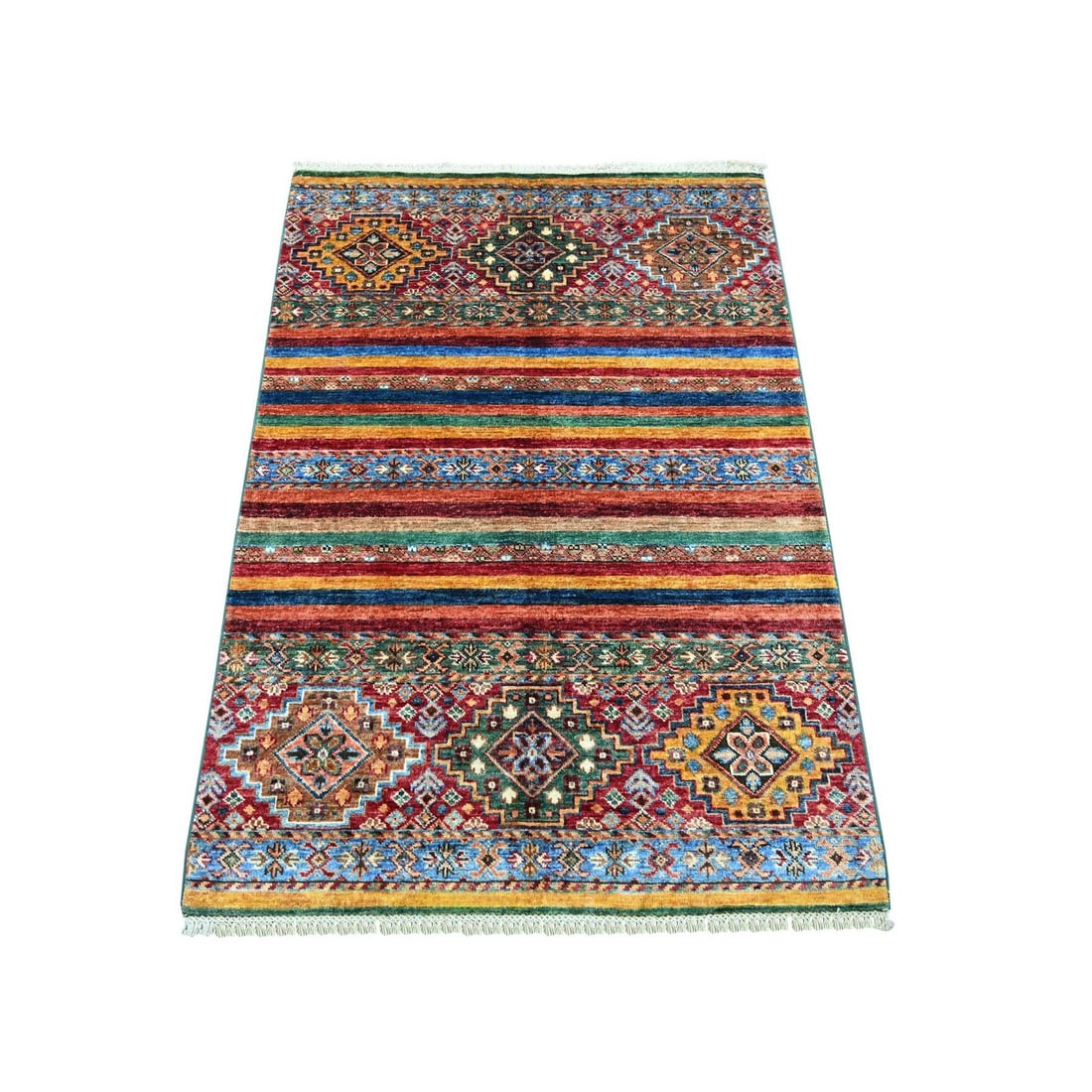 Afghan Super Kazak Hand Knotted Colorful 3'2"x4'6" Wool Rug: Afghan Super Kazak Hand Knotted Colorful 3'2"x4'6" Wool Rug Hand-knotted in vibrant colors, this 3'2"x4'6" Kazak-style wool rug boasts a stunning all-over regional design, showcasing a unique blend of