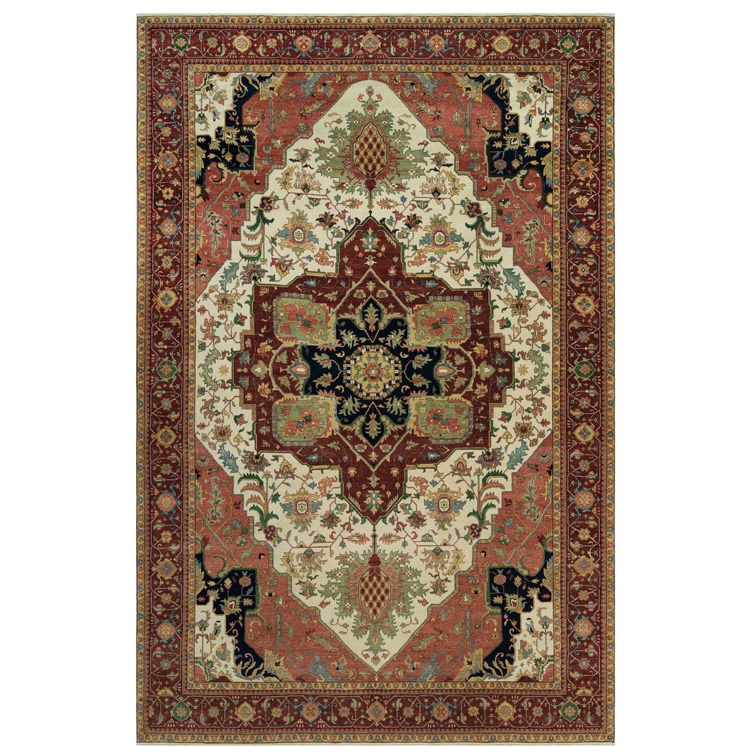 Handknotted Wool Oversized Rug Seedpearl White Antiqued Heris 11'9"x18'2: Handknotted Wool Oversized Rug Seedpearl White Antiqued Heris 11'9"x18'2 Hand-knotted wool rug from the Heris style, featuring a rectangular field with an ivory background, and a red border. This 11'9