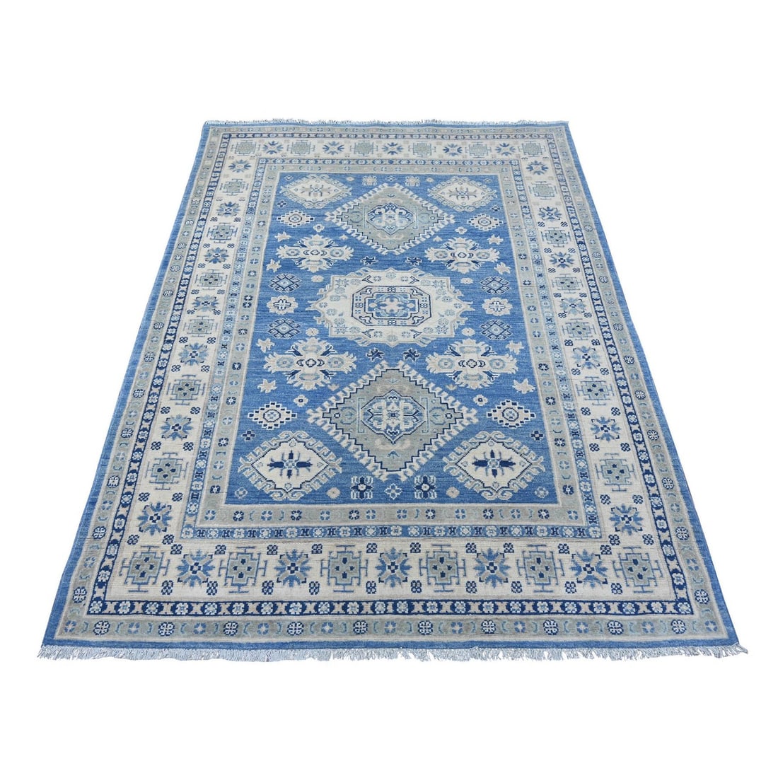 4'10"x6'8" Blue Vintage Look Kazak Geometric Medallions Hand Knotted Wool: 4'10"x6'8" Blue Vintage Look Kazak Geometric Medallions Hand Knotted Wool The 4'10"x6'8" Blue Vintage Look Kazak Geometric Medallions Hand Knotted Wool rug boasts a stunning blue medallion pattern, ch