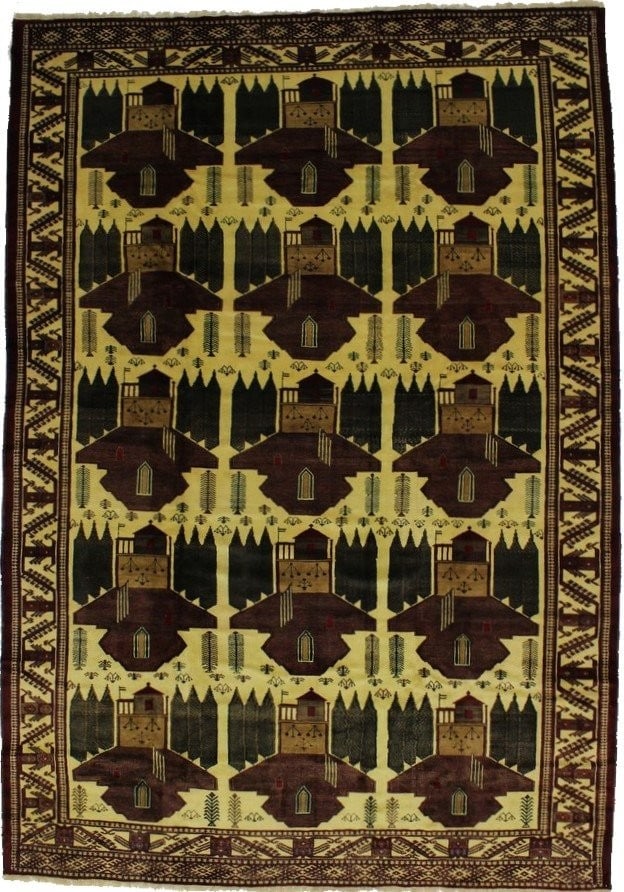 Rare Pictorial Afghan Design Tribal Rug Oriental Home Decor Carpet 9X13 Ft Hand-Knotted: Rare Pictorial Afghan Design Tribal Rug Oriental Home Decor Carpet 9X13 Ft Hand-Knotted Hand-knotted in wool, this 9x13 ft tribal rug boasts a striking geometric pattern in beige, burgundy, and green 