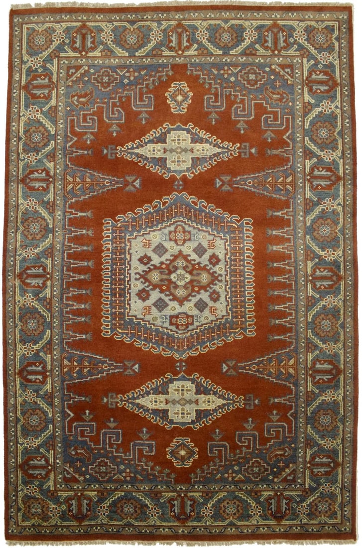 Handmade Indo-Viss Oriental Rug Orange-Red Tribal Style Wool Decor Carpet 6X9 Ft Hand-Knotted: Handmade Indo-Viss Oriental Rug Orange-Red Tribal Style Wool Decor Carpet 6X9 Ft Hand-Knotted Hand-knotted in wool, this 6x9 ft orange-red tribal style rug boasts a geometric pattern and medium pile h