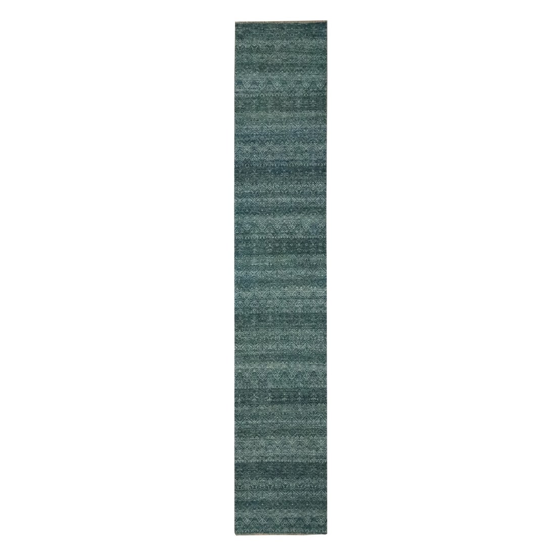 Hand Knotted Ocean Blue Wool Runner Rug Herat Pattern 2'6"x14: Hand Knotted Ocean Blue Wool Runner Rug Herat Pattern 2'6"x14 Hand-knotted in wool, this Ocean Blue Herat pattern rug boasts a stunning geometric design. Made from natural materials, the rug features 