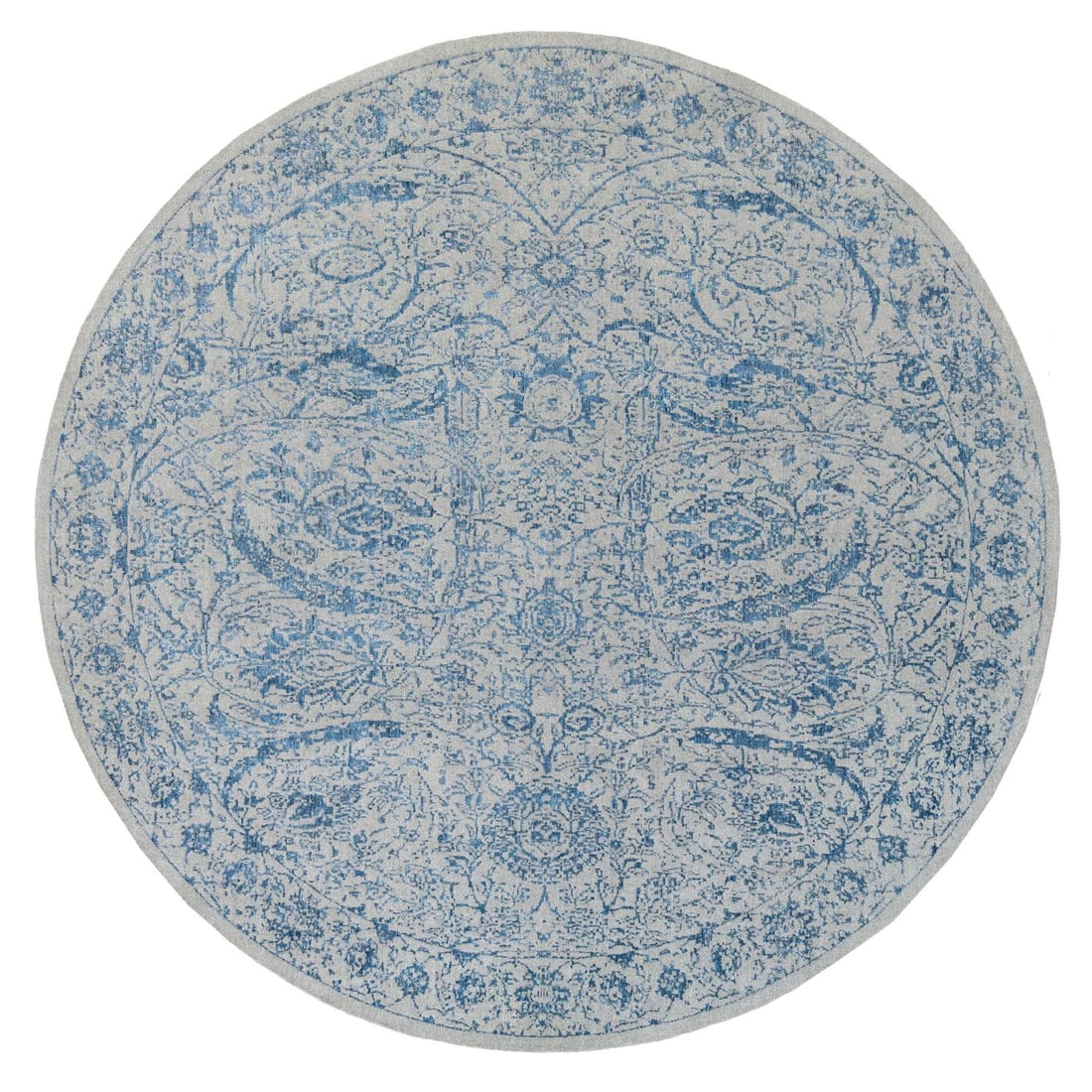 12'x12' Hand Loomed Gray Fine Jacquard Wool and Silk Round Rug: 12'x12' Hand Loomed Gray Fine Jacquard Wool and Silk Round Rug Handloomed with precision, this 12'x12' gray fine Jacquard wool and silk round rug boasts a stunning Oriental design. Made from a blend o