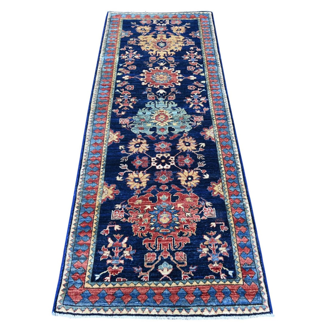 2'10"x8' Midnight Blue Hand Knotted Heris All Over Design Wool Runner Rug: 2'10"x8' Midnight Blue Hand Knotted Heris All Over Design Wool Runner Rug Midnight Blue Heris Wool Runner Rug boasts an all-over design in a rich blue field, complemented by subtle accents of yellow, 
