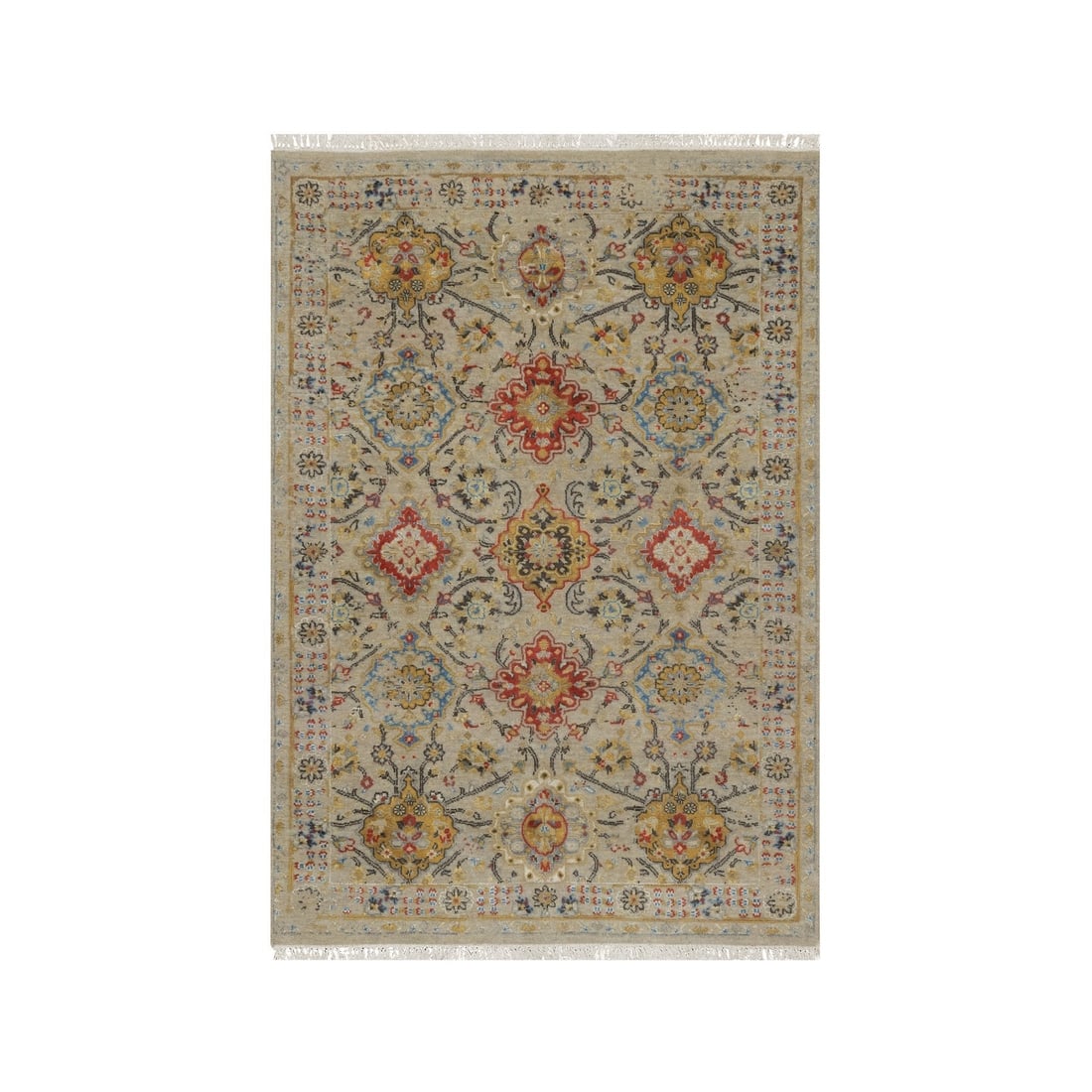 4'1"x6' Khaki Brown THE SUNSET ROSETTES Hand Knotted Wool and Silk Rug: 4'1"x6' Khaki Brown THE SUNSET ROSETTES Hand Knotted Wool and Silk Rug The Sunset Rosettes hand knotted wool and silk rug boasts a stunning rectangular field with a rich, warm brown color, complemente