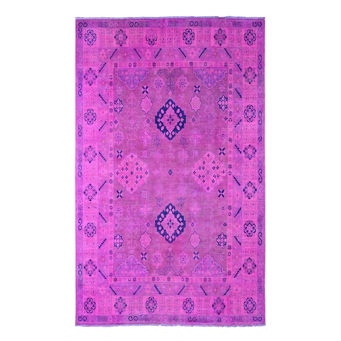 Hot Pink Geometric Design Hand Knotted Wool Overdyed 8'x9'7" Kazak Rug (1 of 11)