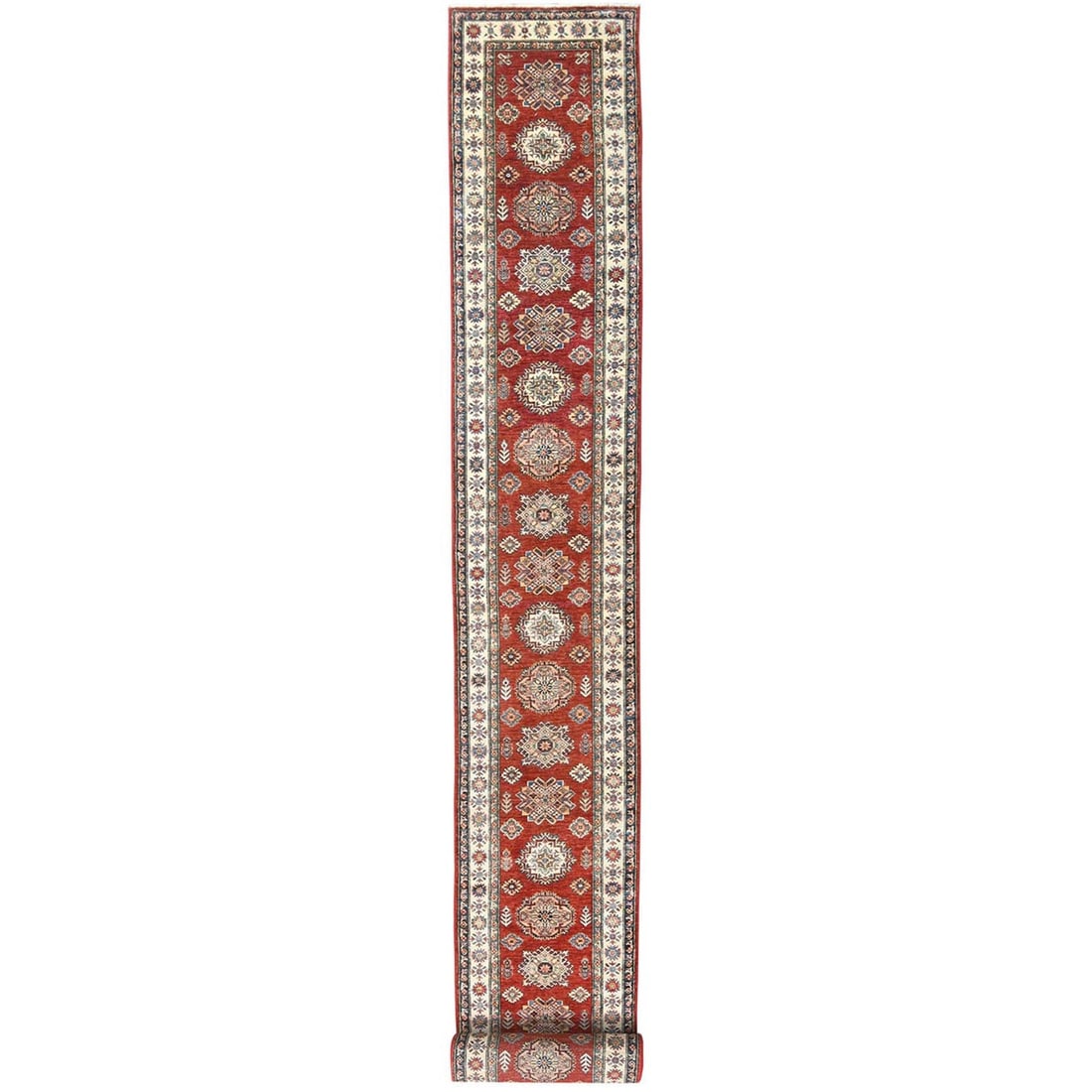 2'8"x39'1" Rich Red Afghan Super Kazak Wool Hand Knotted XL Runner Rug: 2'8"x39'1" Rich Red Afghan Super Kazak Wool Hand Knotted XL Runner Rug Rich red Afghan Super Kazak wool hand-knotted XL runner rug boasts a striking 39'1" length, making it a dramatic addition to any 