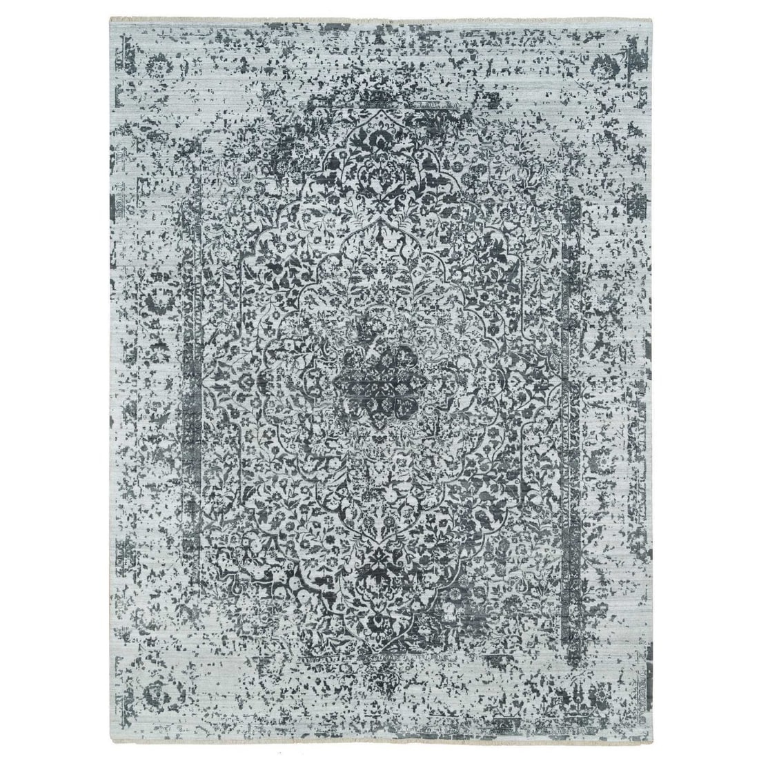 9'x12'2" Gray Wool and Silk Broken And Erased Hand Knotted Oriental Rug: 9'x12'2" Gray Wool and Silk Broken And Erased Hand Knotted Oriental Rug This stunning 9'x12'2" Gray Wool and Silk Broken And Erased Hand Knotted Oriental Rug boasts a unique, rectangular field design 