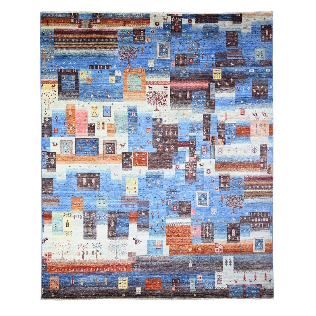 8'x9'7" Blue Afghan Kashkuli Gabbeh Hand Knotted 100% Wool Oriental Rug: 8'x9'7" Blue Afghan Kashkuli Gabbeh Hand Knotted 100% Wool Oriental Rug Blue Afghan Kashkuli Gabbeh Hand Knotted 100% Wool Oriental Rug boasts a stunning blue field with intricate regional design, cra