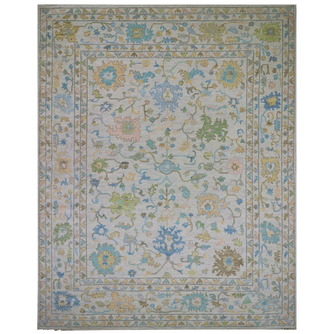 12'4"x14'10" White 100% Wool Oushak Weave Hand Knotted Oversized Rug: 12'4"x14'10" White 100% Wool Oushak Weave Hand Knotted Oversized Rug Hand-knotted in 100% wool, this stunning 12'4"x14'10" Oushak weave rug boasts a rich ivory color and intricate pattern, perfect for