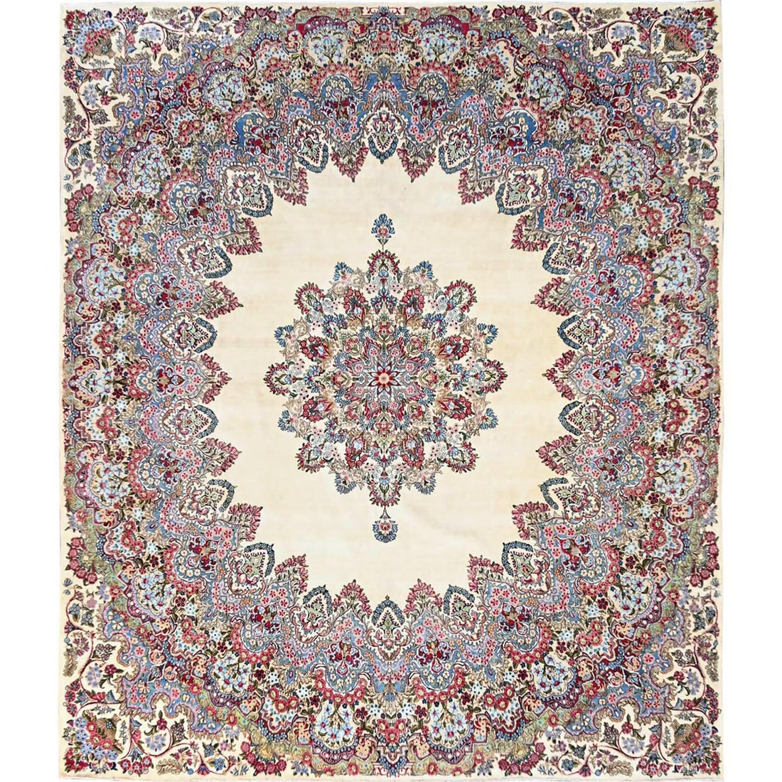 11'8"x13'7" Ivory Antique Zoroastrian Karman Hand Knotted Wool Square Rug: 11'8"x13'7" Ivory Antique Zoroastrian Karman Hand Knotted Wool Square Rug This stunning 11'8"x13'7" Ivory Antique Zoroastrian Karman Hand Knotted Wool Square Rug boasts a rich history, crafted from hi