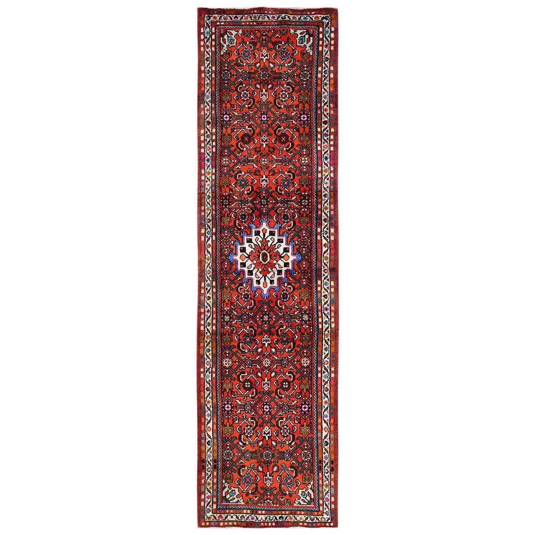 Zoroastrian Hand Knotted Soft Wool Runner 2'7"x10'1" Rust Red Oriental: Zoroastrian Hand Knotted Soft Wool Runner 2'7"x10'1" Rust Red Oriental Soft and vibrant, this Zoroastrian hand-knotted wool runner boasts a stunning rust red Oriental design, featuring intricate medal
