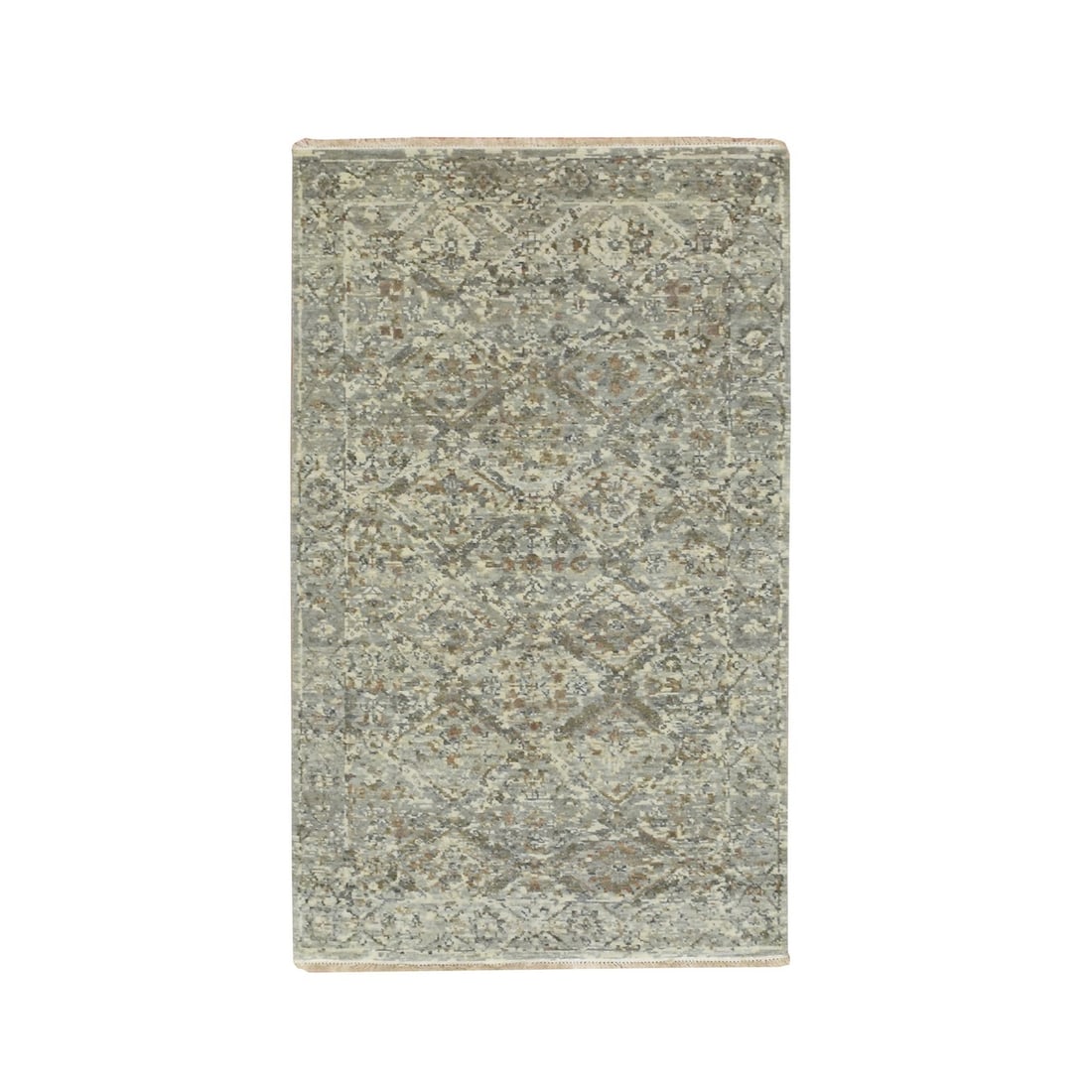 Broken Hand Knotted All Zero Pile Wool Fossil Gray Garden Rug: Broken Hand Knotted All Zero Pile Wool Fossil Gray Garden Rug Hand-knotted in wool, this rectangular field rug features a striking geometric pattern in a beautiful fossil gray color. Made with a thick