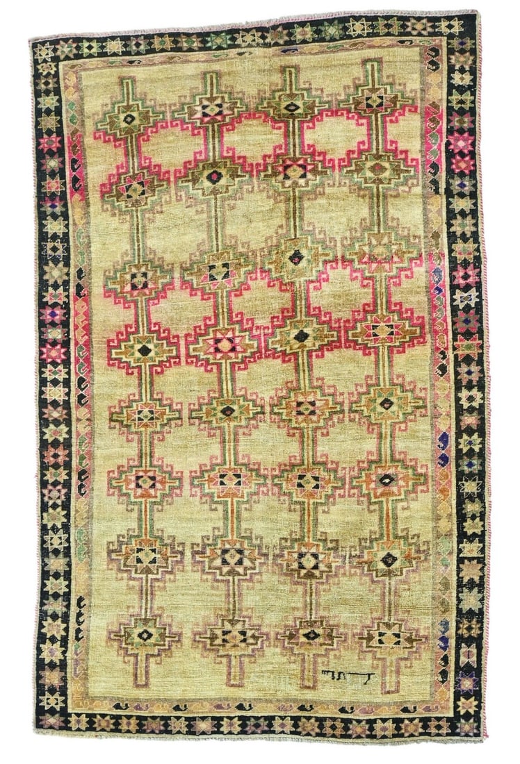 Vintage Geometric Tribal Distressed Oriental Rug Muted Boho Decor Carpet 5X8 Ft Hand-Knotted (1 of 13)