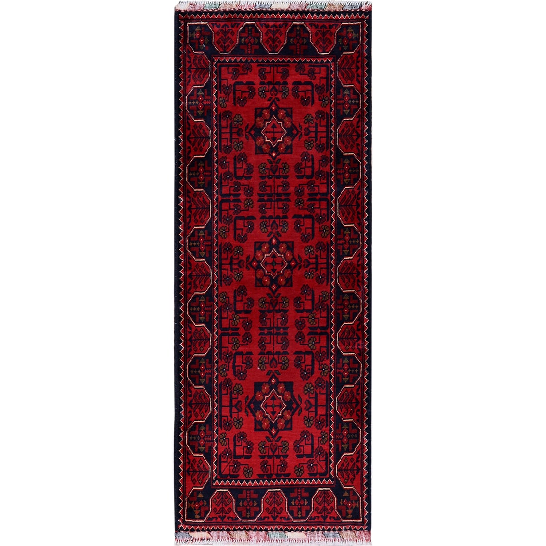 1'9"x4'10" Red Afghan Khamyab Tribal Design Hand Knotted Wool Runner Rug: 1'9"x4'10" Red Afghan Khamyab Tribal Design Hand Knotted Wool Runner Rug Red Afghan Khamyab Tribal Design Hand Knotted Wool Runner Rug measures 1'9"x4'10" and features a striking red color. This 100% 