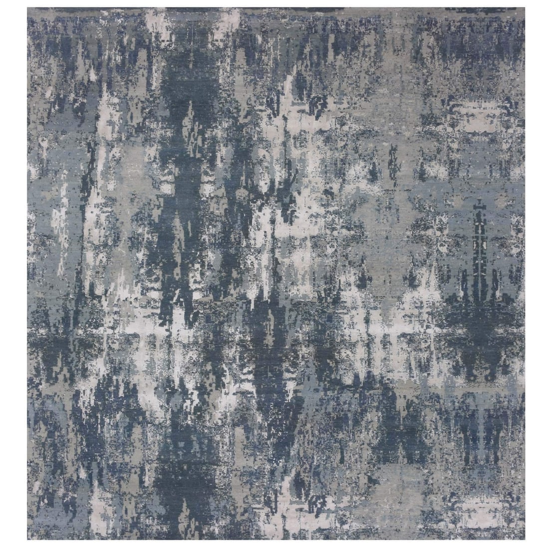 Blue Abstract Design Grotto Silk Wool Hand Knotted Square Rug (1 of 11)