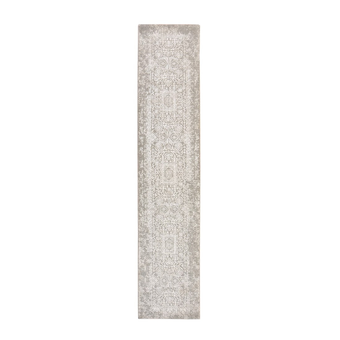 2'5"x12'1" Gray Fine Jacquard Hand Loomed Modern Design Wool and Silk Runner: 2'5"x12'1" Gray Fine Jacquard Hand Loomed Modern Design Wool and Silk Runner Modern Gray Wool and Silk Runner Loomed with Intricate Design, Measuring 2'5" x 12'1" in a rich gray color, this 2000-year-