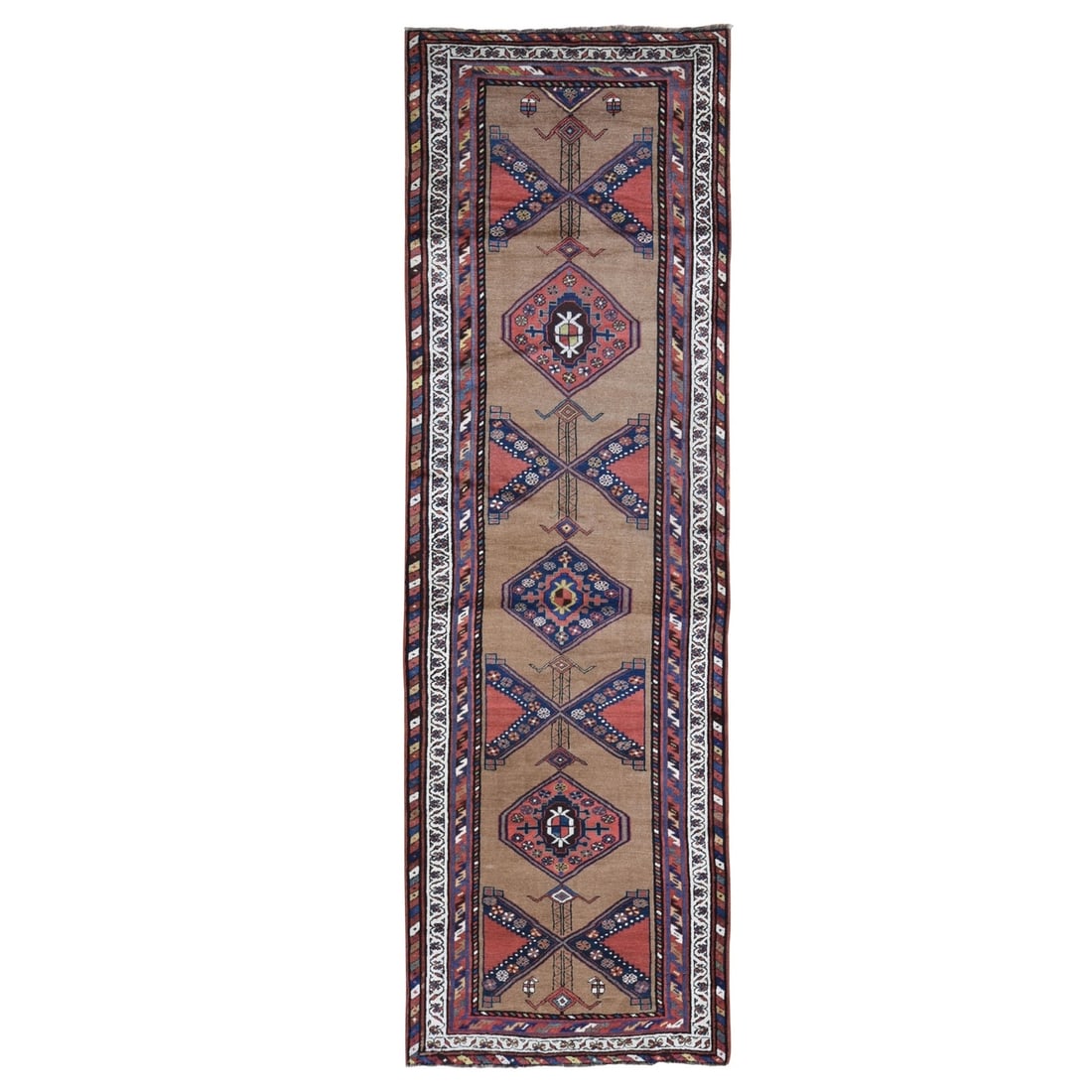 3'9"x12'2" Brown Antique North West Farsian Wide Runner Pile Handmade Rug: 3'9"x12'2" Brown Antique North West Farsian Wide Runner Pile Handmade Rug Hand-knotted in wool, this 3'9"x12'2" brown antique North West Farsian wide runner pile rug boasts a classic Oriental design, 