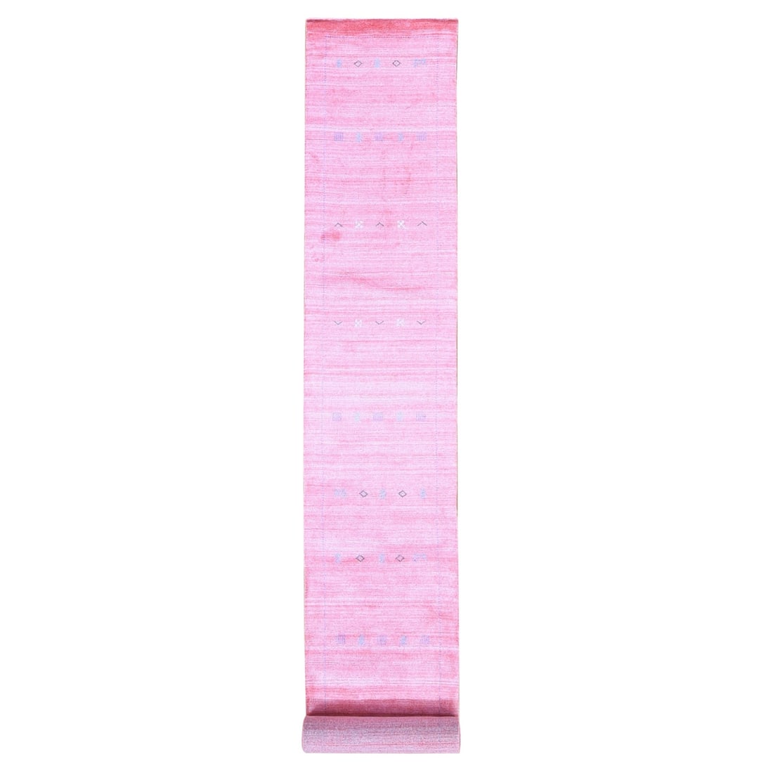 2'6"x17'10" Pink Folk Art Hand Loomed Wool-Silk Hand Loomed Runner Rug: 2'6"x17'10" Pink Folk Art Hand Loomed Wool-Silk Hand Loomed Runner Rug This stunning 2'6"x17'10" hand loomed wool-silk runner rug boasts a vibrant pink hue and unique Oriental-inspired pattern. Made f