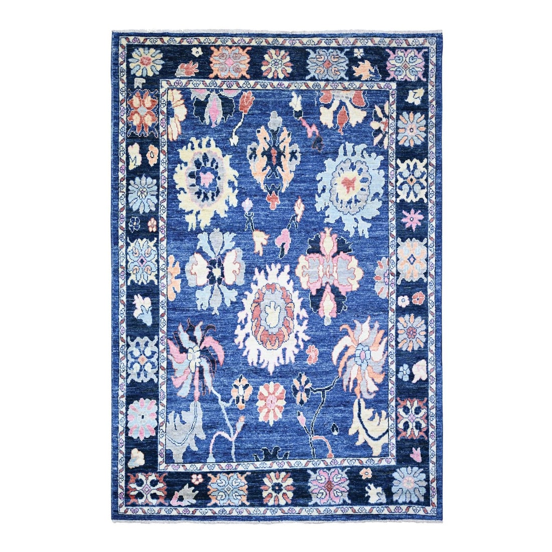 6'2"x8'10" Sapphire Blue Afghan Angora Oushak, Wool Hand Knotted Rug: 6'2"x8'10" Sapphire Blue Afghan Angora Oushak, Wool Hand Knotted Rug Sapphire blue hues dominate this stunning 6'2"x8'10" Oushak-style Afghan Angora wool hand-knotted rug, featuring a rich, rectangula