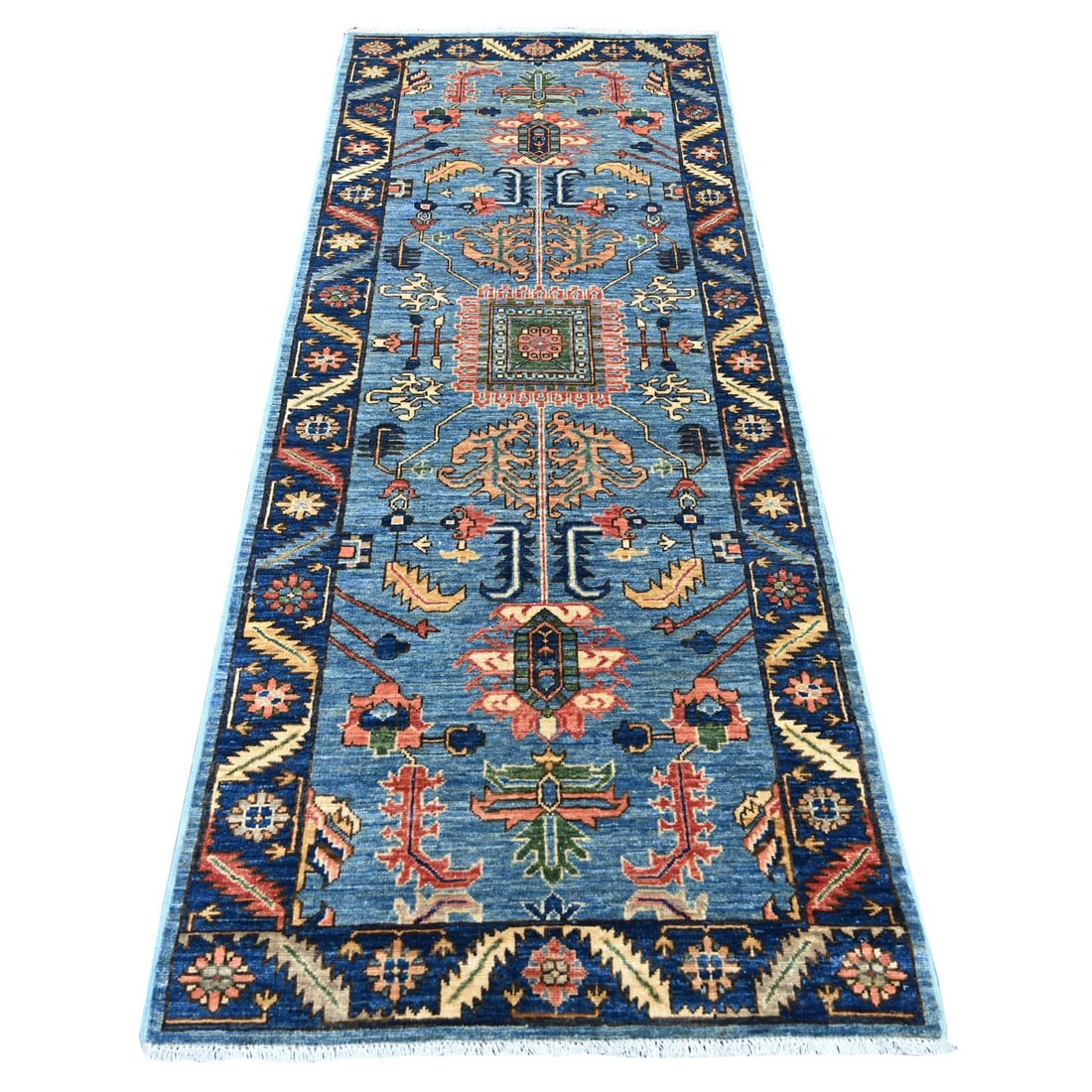 3'x7'9" Blue Heris Design Hand Knotted Pure Wool Runner Oriental Rug: 3'x7'9" Blue Heris Design Hand Knotted Pure Wool Runner Oriental Rug Blue Heris Design Hand Knotted Pure Wool Runner Oriental Rug is a stunning piece of craftsmanship, boasting a rich blue field with 