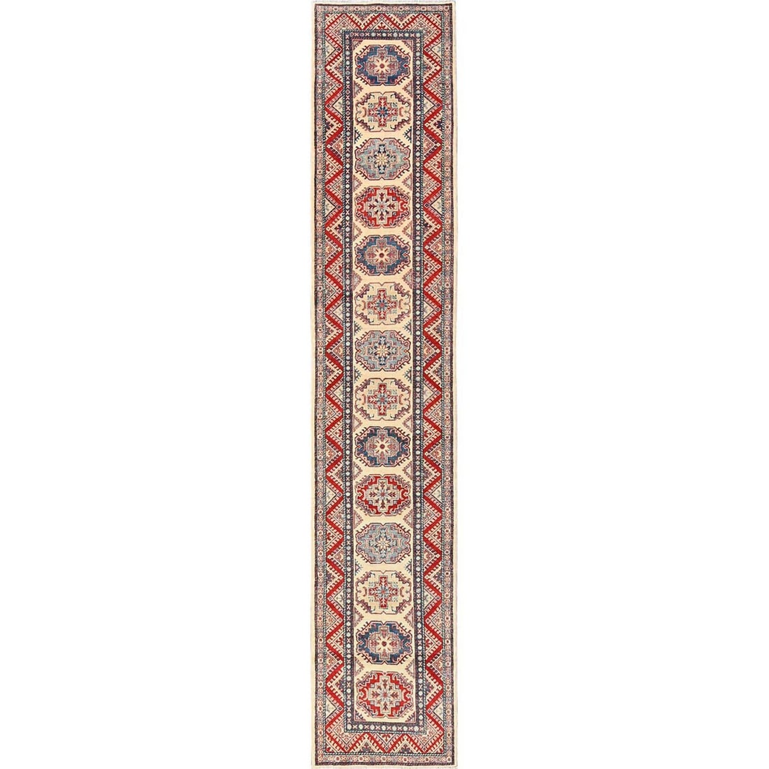 2'9"x15'4" Ivory Kazak with Geometric Design Hand Knotted Rug Wool Runner: 2'9"x15'4" Ivory Kazak with Geometric Design Hand Knotted Rug Wool Runner Hand-knotted in wool, this 2'9"x15'4" Kazak rug boasts a striking geometric design, characteristic of Afghan regional style. M