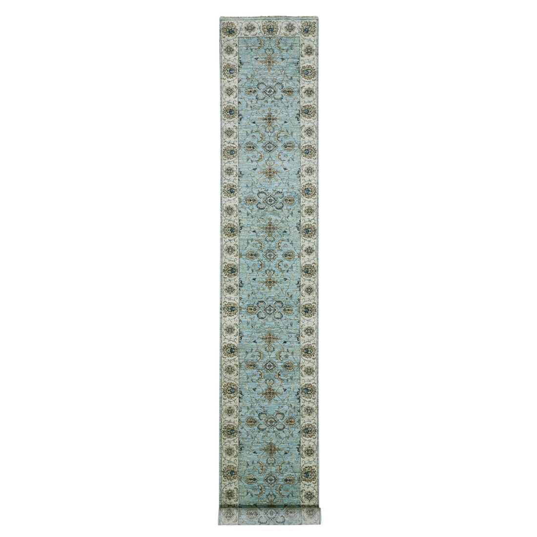 2'7"x15'10" Porcelain Blue Wool Hand Knotted Shah Abbas XL Runner Rug: 2'7"x15'10" Porcelain Blue Wool Hand Knotted Shah Abbas XL Runner Rug Hand-knotted in wool, this 2'7" x 15'10" Oriental-style runner rug boasts a stunning porcelain blue hue that adds a touch of elega
