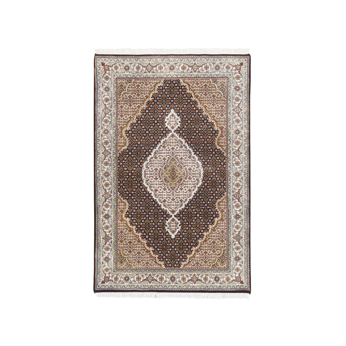 3'10"x6' Hand Knotted Tebraz Mahi Fish Medallion Design Wool And Silk Rug: 3'10"x6' Hand Knotted Tebraz Mahi Fish Medallion Design Wool And Silk Rug Hand-knotted in wool and silk, this 3'10"x6' rectangular field rug boasts a striking tebraz mahi fish medallion design in a ri