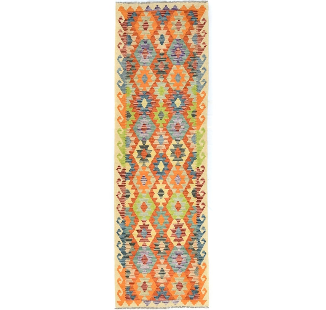 2'11 X 9'8 Kilim Oriental Runner Rug Multicolor Geometric Hallway Carpet 3X10 Ft Hand-Knotted: 2'11 X 9'8 Kilim Oriental Runner Rug Multicolor Geometric Hallway Carpet 3X10 Ft Hand-Knotted A vibrant, hand-knotted kilim rug in a striking multicolored geometric pattern, measuring 2'11 x 9'8, adds