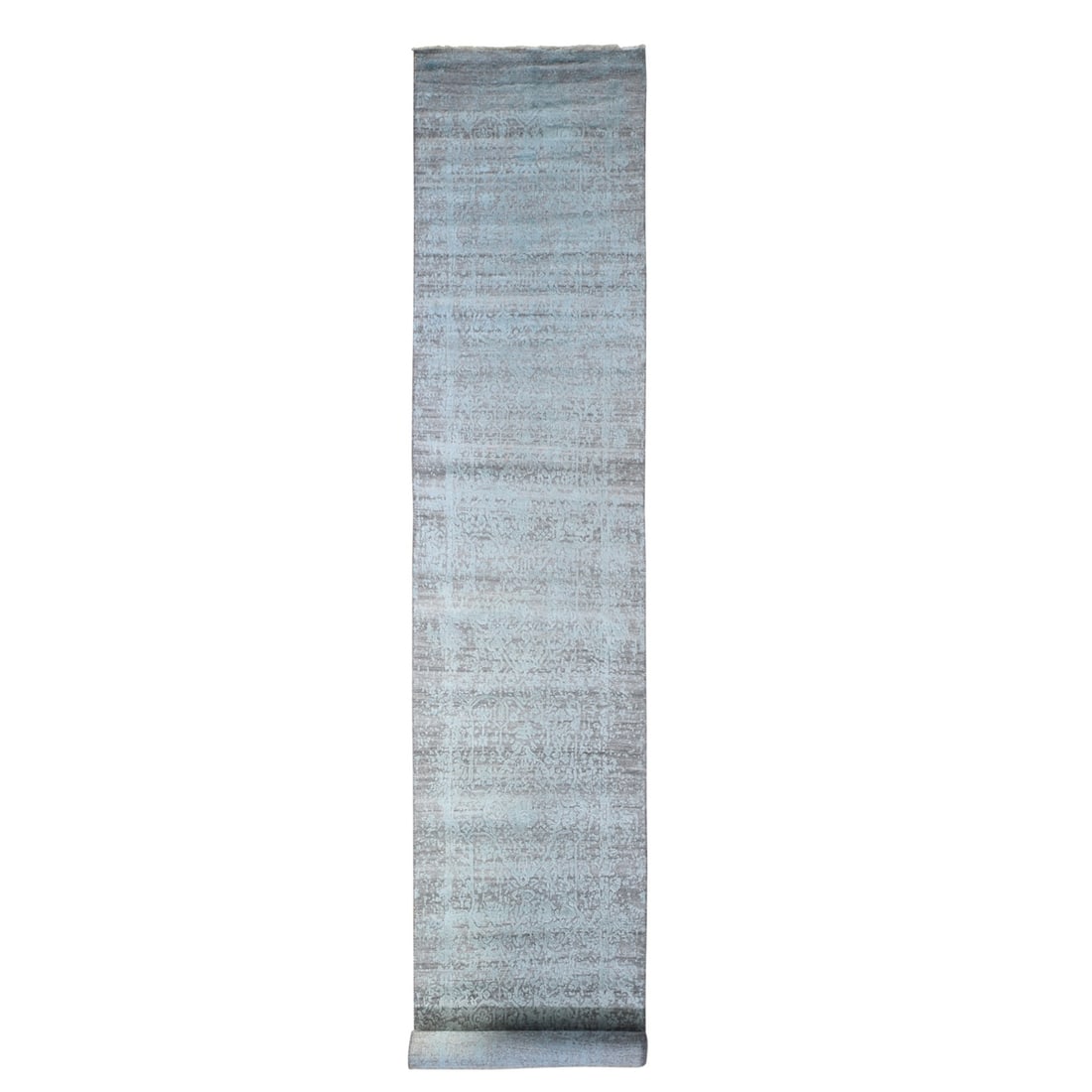 2'7"x14' Seafoam Green Wool & Silk Broken Farsian Hand Knotted Runner Rug: 2'7"x14' Seafoam Green Wool & Silk Broken Farsian Hand Knotted Runner Rug Hand-knotted with wool and silk, this stunning 2'7"x14' Seafoam Green Farsian runner rug boasts a unique blend of textures and