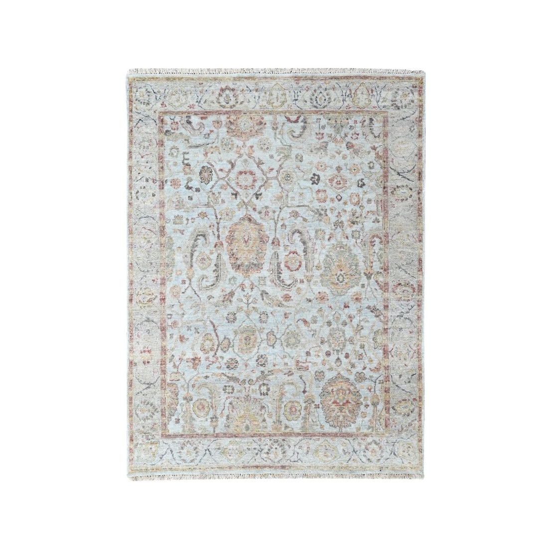 Hand Knotted Wool Rug Light Gray Oushak 5'x7' Ziegler Mahal: Hand Knotted Wool Rug Light Gray Oushak 5'x7' Ziegler Mahal Hand-knotted wool rug in a light gray Oushak design, measuring 5'0" x 7'0" and featuring an all-over regional pattern. Made from high-qualit