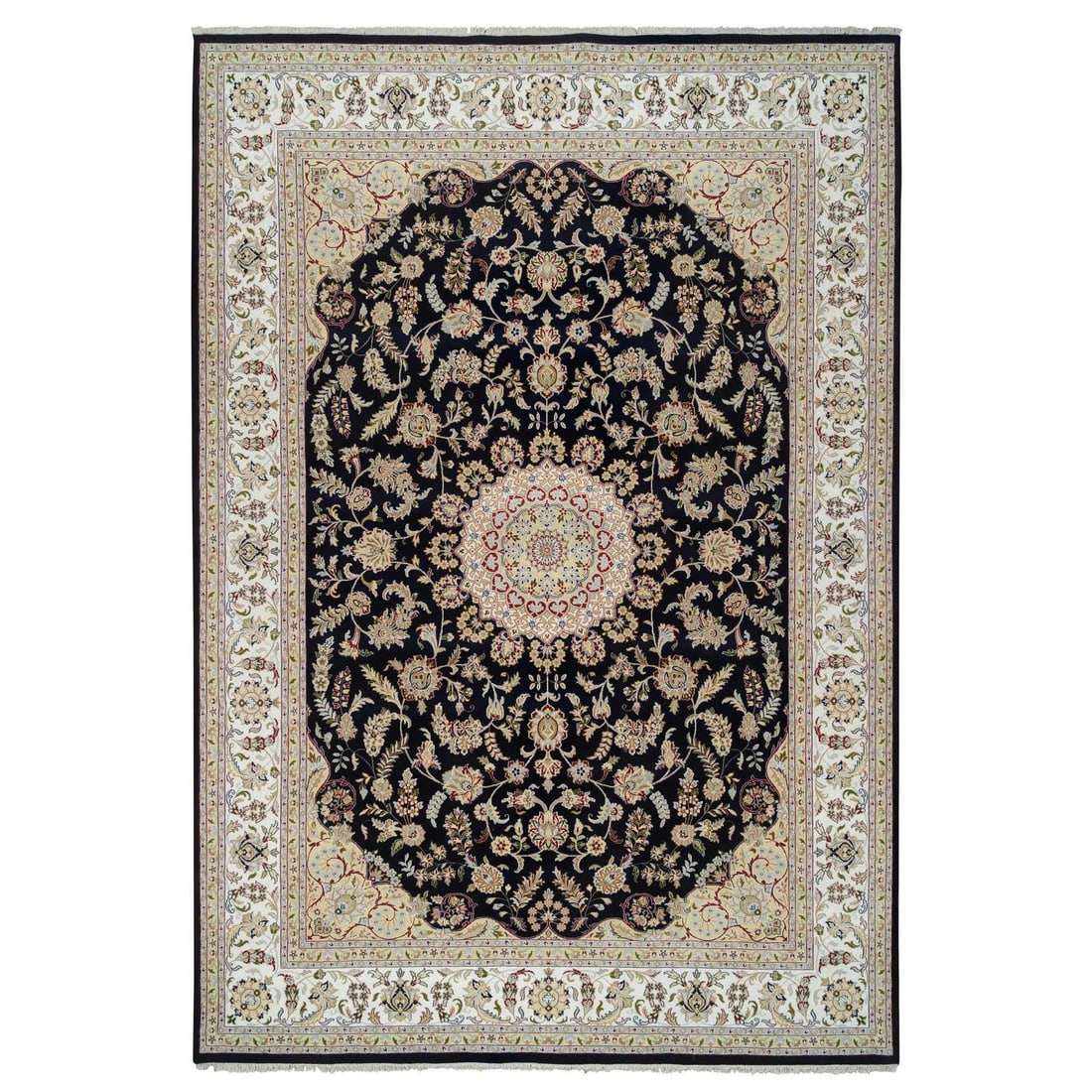 Blue Hand Knotted Nain Wool Rug 9'10"x14'3: Blue Hand Knotted Nain Wool Rug 9'10"x14'3 Hand-knotted in Nain wool, this stunning blue rug boasts an intricate, rectangular field with a subtle border of ivory. The rug's rich, deep blue color is co